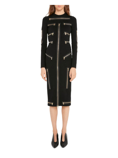 CHRISTOPHER KANE Womens Black Zippered Unlined Long Sleeve Round Neck Below The Knee Cocktail Sheath Dress 4