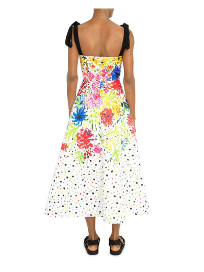 CHRISTOPHER KANE Womens White Zippered Darted Lined Tie Straps Pocketed Floral Sleeveless V Neck Midi Fit + Flare Dress 6