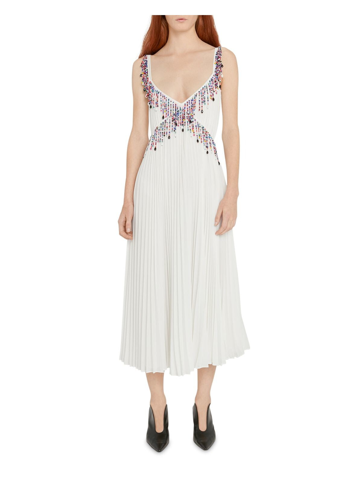 CHRISTOPHER KANE Womens White Beaded Pleated Lined Sheer Adjustable Spaghetti Strap V Neck Midi Cocktail Fit + Flare Dress 8