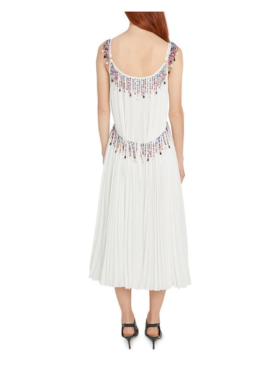 CHRISTOPHER KANE Womens White Beaded Pleated Lined Sheer Adjustable Spaghetti Strap V Neck Midi Cocktail Fit + Flare Dress 6