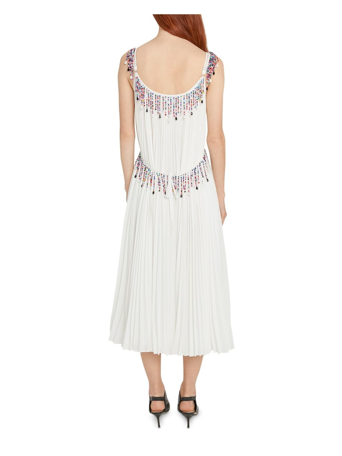 CHRISTOPHER KANE Womens White Beaded Pleated Lined Sheer Adjustable Spaghetti Strap V Neck Midi Cocktail Fit + Flare Dress 8