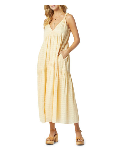 JOIE Womens Yellow Adjustable Pocketed Chevron Sleeveless V Neck Tea-Length Shift Dress M