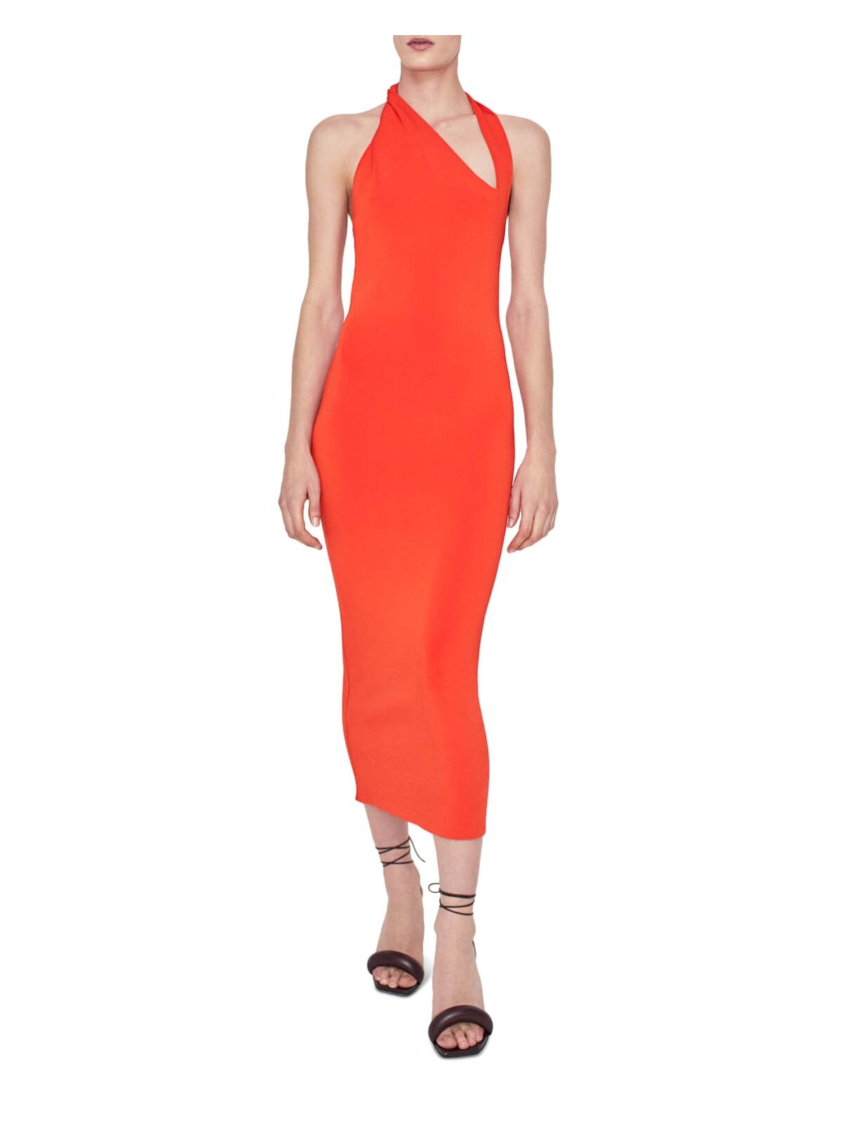 GALVAN LONDON Womens Orange Textured Open Back Unlined Pullover Cutout Sleeveless Asymmetrical Neckline Midi Cocktail Body Con Dress S