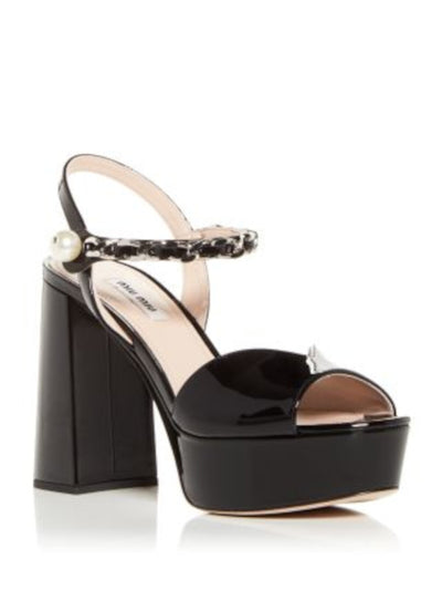 MIU MIU Womens Black 1-1/2" Platform Chain Accent Padded Embellished Platform Open Toe Block Heel Slip On Leather Dress Slingback Sandal 36