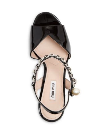 MIU MIU Womens Black 1-1/2" Platform Chain Accent Padded Embellished Platform Open Toe Block Heel Slip On Leather Dress Slingback Sandal 36