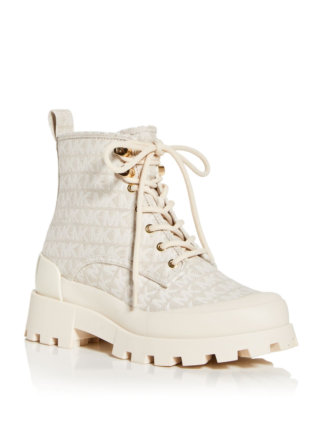 MICHAEL MICHAEL KORS Womens Beige Logo Lace Up Heel Pull-Tab Logo Accents Round Toe Zip-Up Combat Boots 9 M