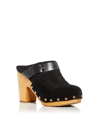 VERONICA BEARD Womens Black 1" Wood Platform Buckled Strap Accent Studded Padded Dacey Round Toe Block Heel Slip On Leather Clogs Shoes 8.5 M