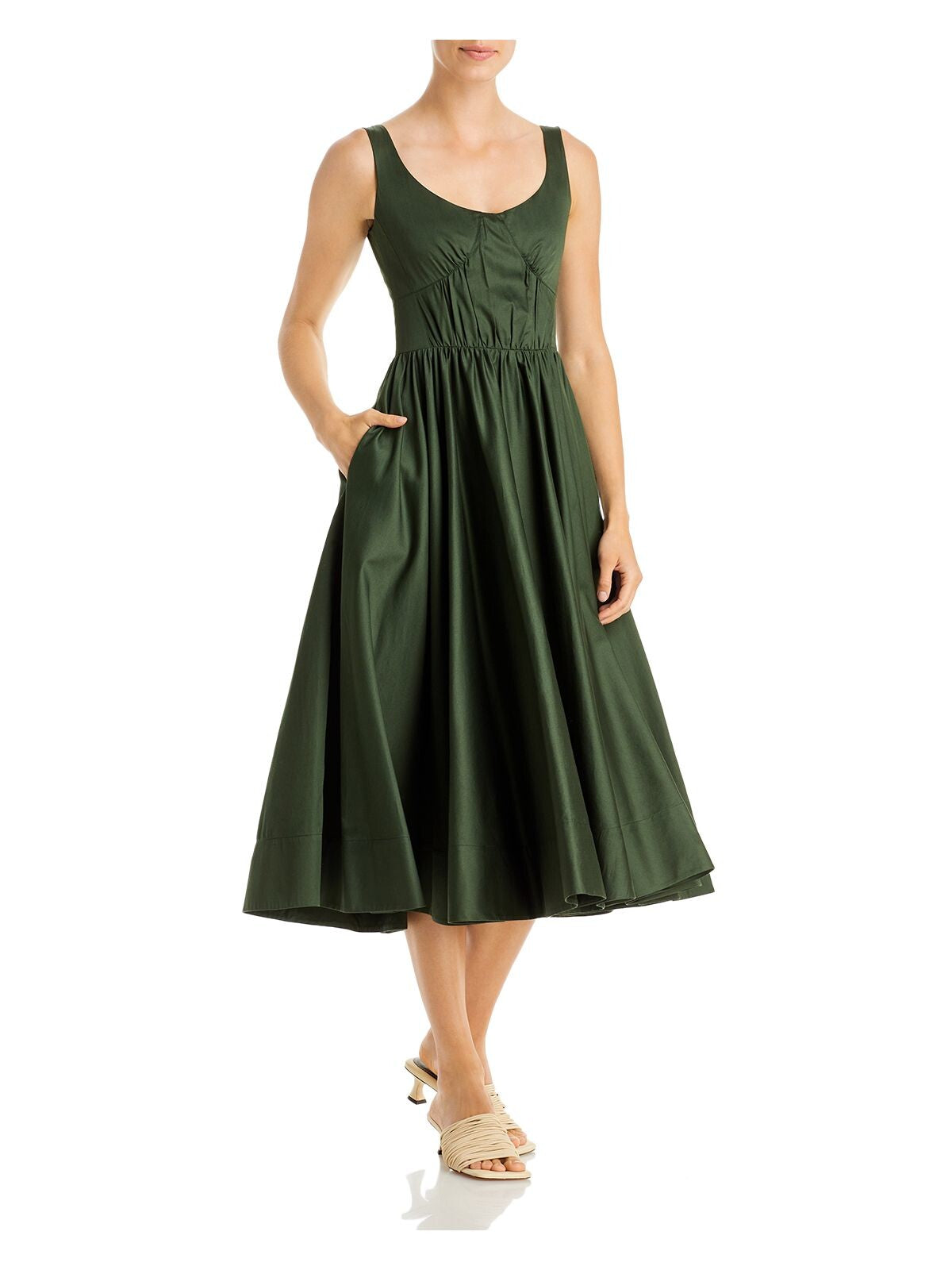 JASON WU Womens Green Gathered Zippered Pocketed Sleeveless Scoop Neck Midi Fit + Flare Dress 0