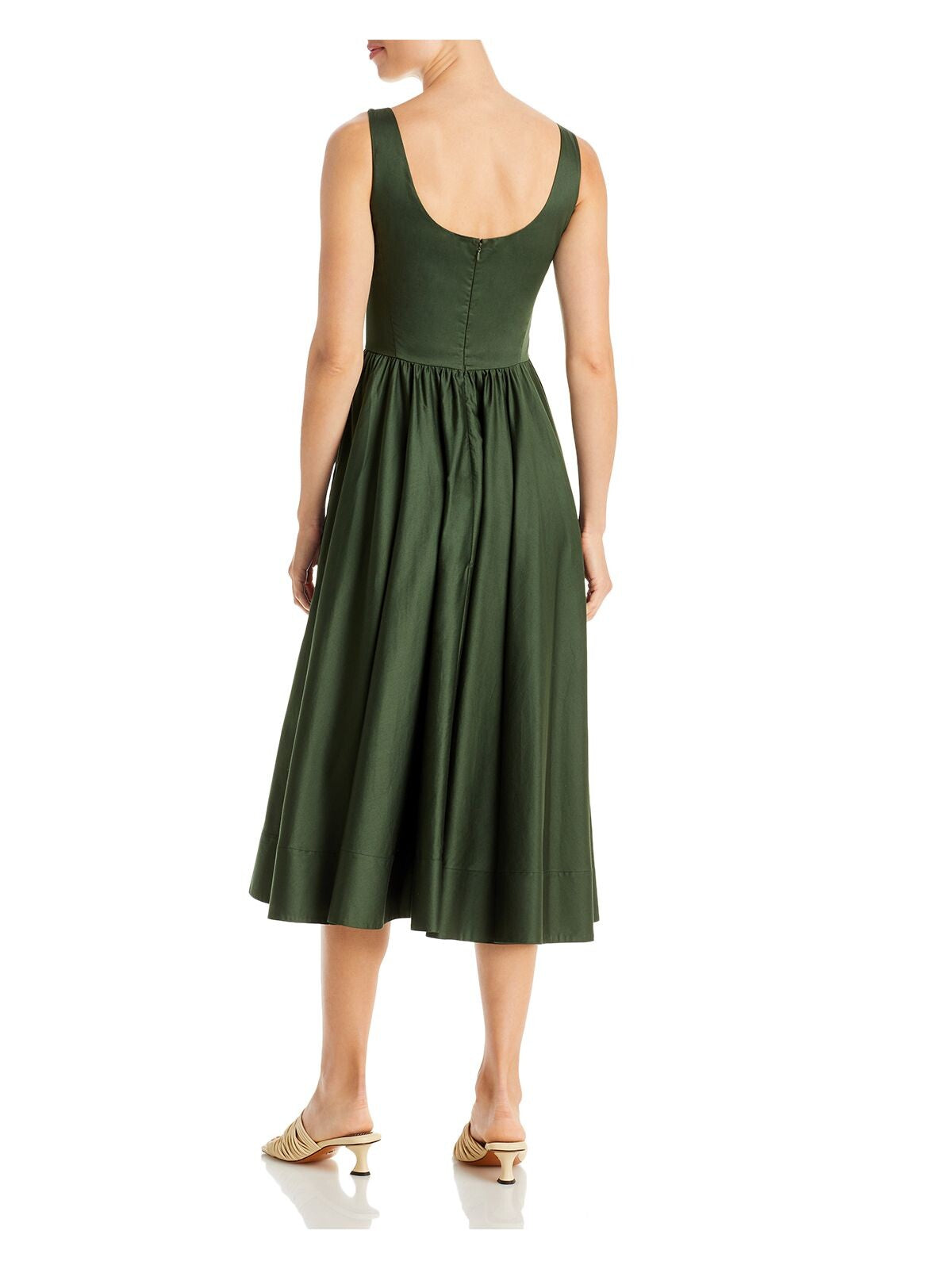 JASON WU Womens Green Gathered Zippered Pocketed Sleeveless Scoop Neck Midi Fit + Flare Dress 0