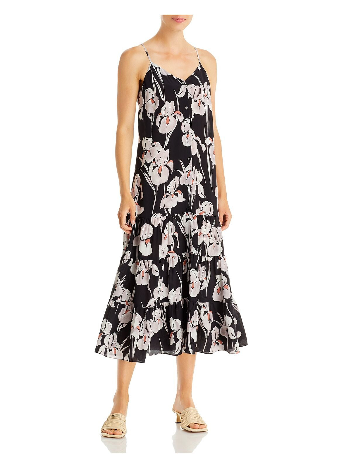 JASON WU Womens Black Adjustable Button Up Unlined Tiered Floral Spaghetti Strap V Neck Midi Fit + Flare Dress 2