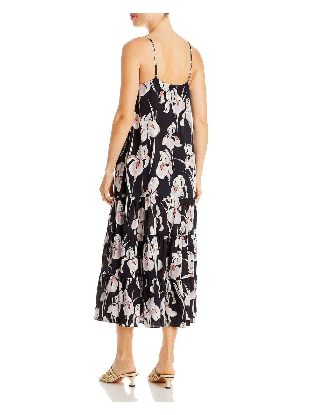 JASON WU Womens Black Adjustable Button Up Unlined Tiered Floral Spaghetti Strap V Neck Midi Fit + Flare Dress 2