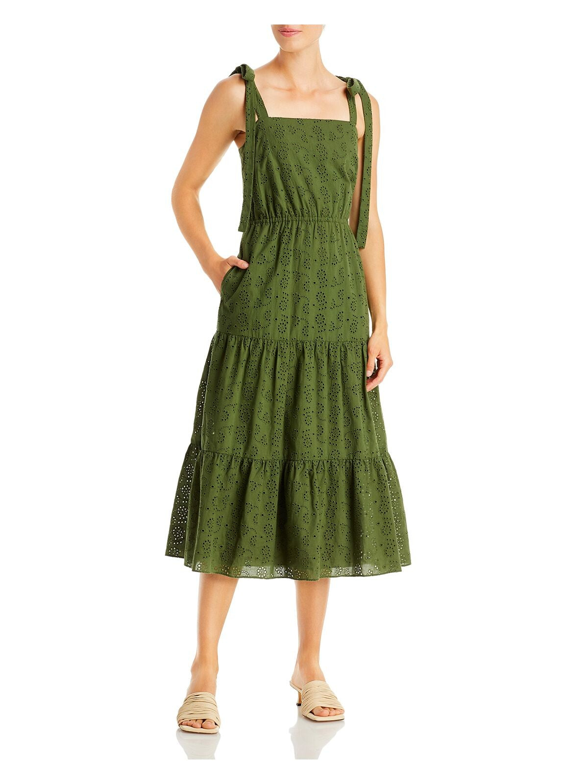 JASON WU Womens Green Zippered Pocketed Eyelet Tie Lined Tiered Sleeveless Square Neck Midi Fit + Flare Dress 0