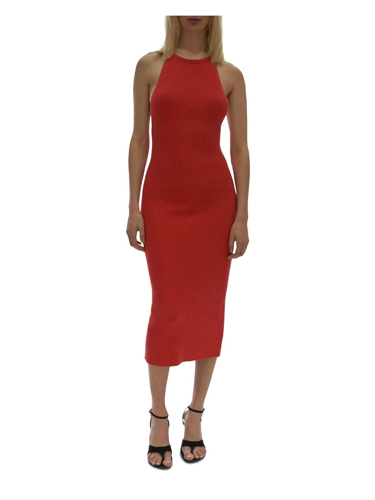 HELMUT LANG Womens Red Knit Ribbed Beaded Y Back Sleeveless Round Neck Below The Knee Cocktail Body Con Dress S