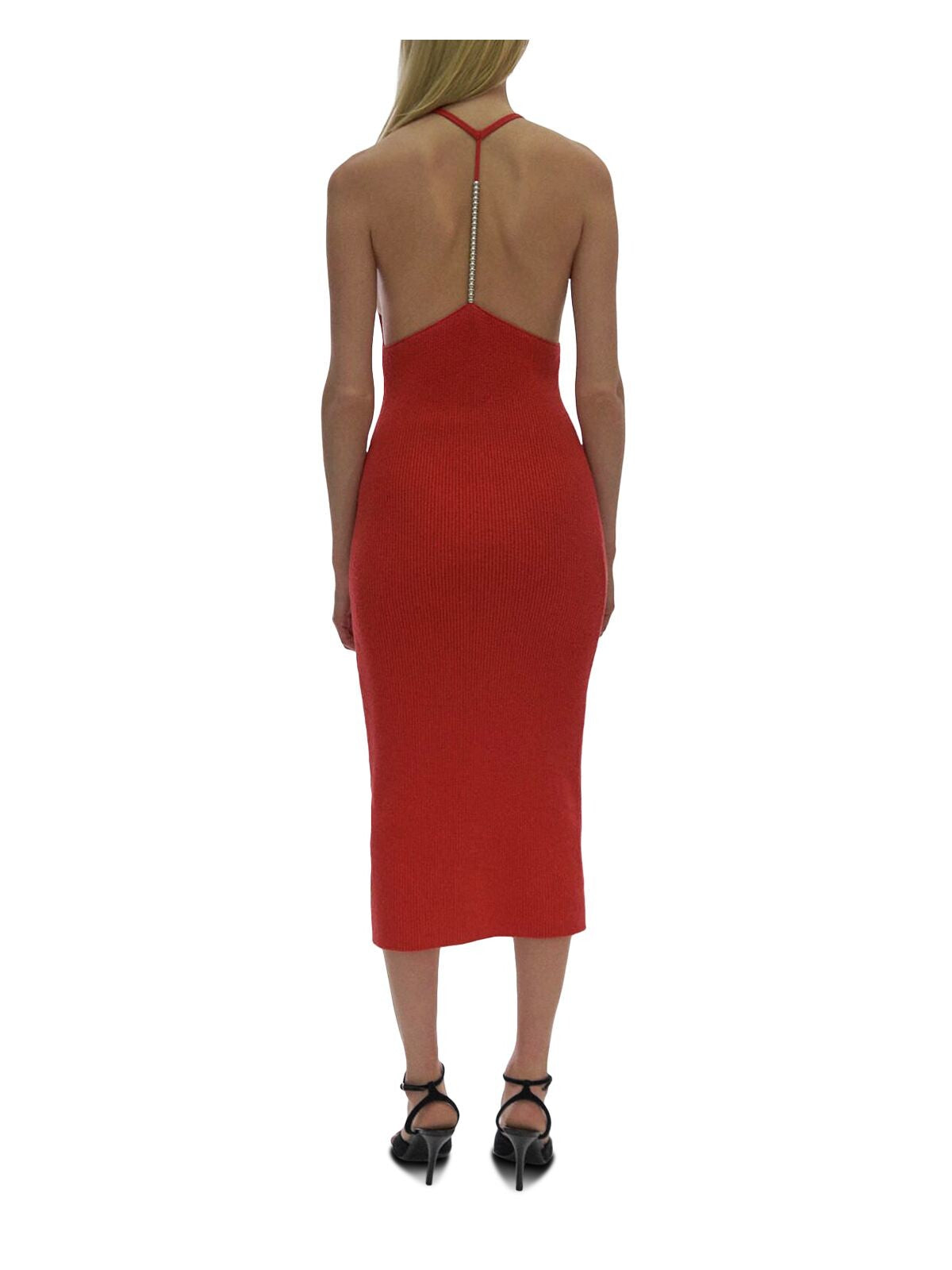 HELMUT LANG Womens Red Knit Ribbed Beaded Y Back Sleeveless Round Neck Below The Knee Cocktail Body Con Dress L