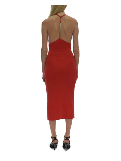 HELMUT LANG Womens Red Knit Ribbed Beaded Y Back Sleeveless Round Neck Below The Knee Cocktail Body Con Dress S