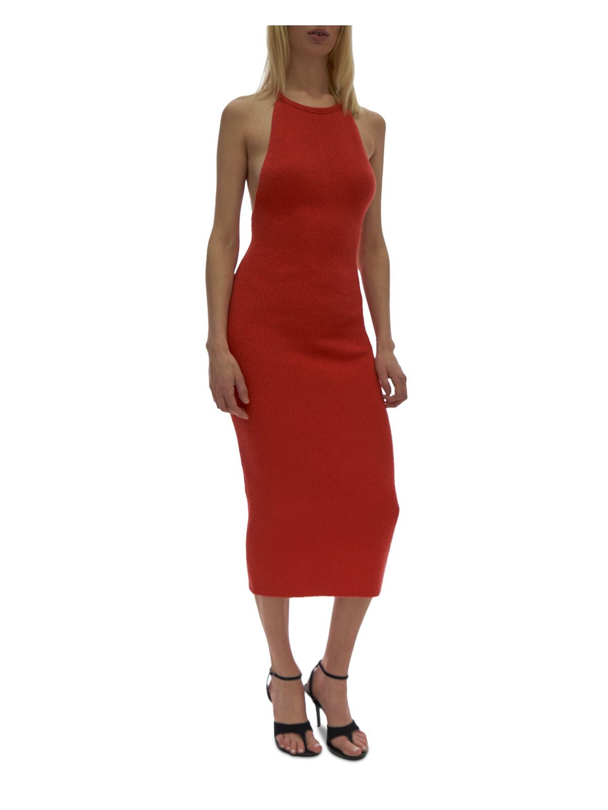 HELMUT LANG Womens Red Knit Ribbed Beaded Y Back Sleeveless Round Neck Below The Knee Cocktail Body Con Dress S