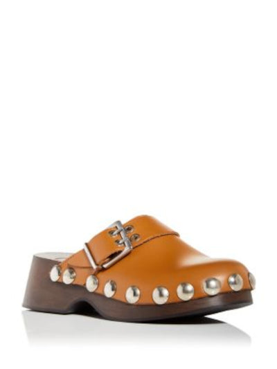 GANNI Womens Brown Lug Sole Studded Buckle Accent Retro Round Toe Wedge Slip On Leather Clogs Shoes 41