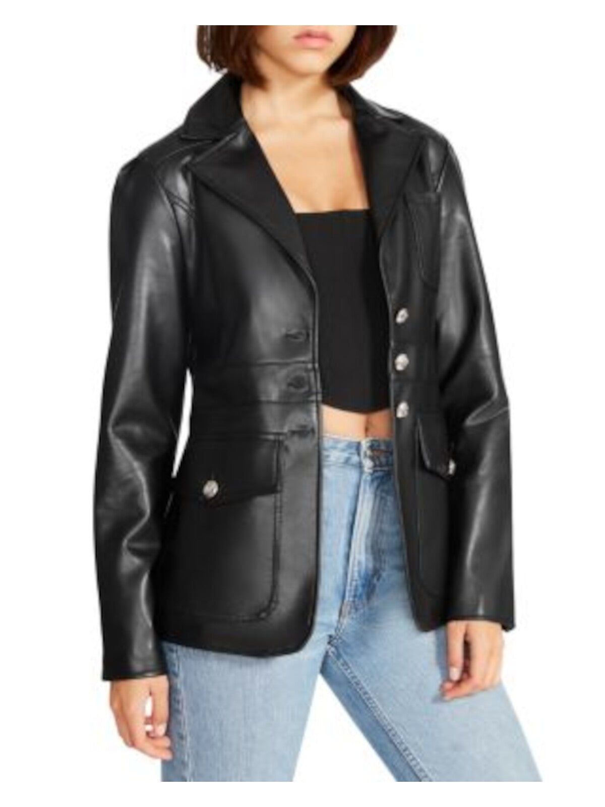 STEVE MADDEN Womens Black Faux Leather Pocketed Lined Button Front And Cuffs Back Vent Blazer Jacket XS