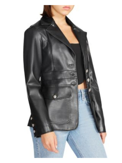 STEVE MADDEN Womens Black Faux Leather Pocketed Lined Button Front And Cuffs Back Vent Blazer Jacket XS