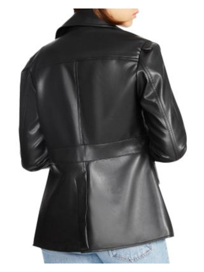 STEVE MADDEN Womens Black Faux Leather Pocketed Lined Button Front And Cuffs Back Vent Blazer Jacket XS