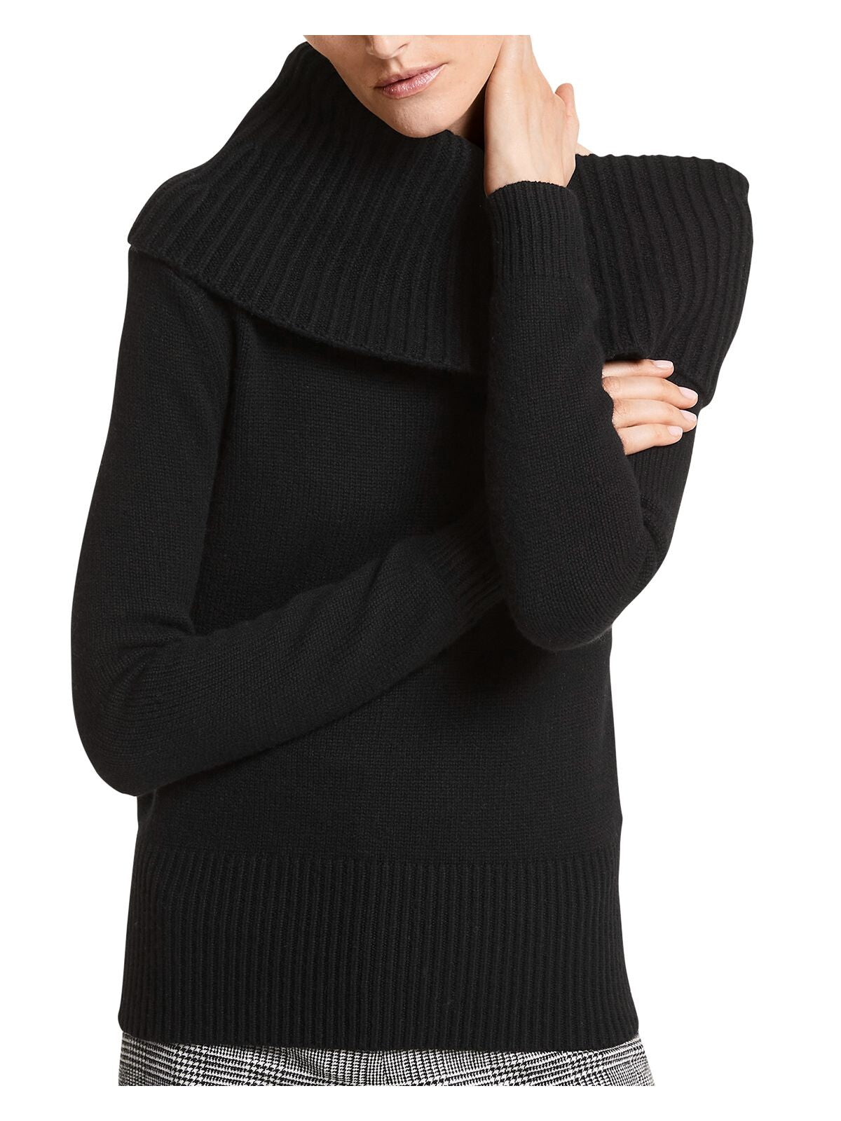 MICHAEL KORS Womens Black Ribbed Asymmetric Foldover Collar Long Sleeve Sweater XS