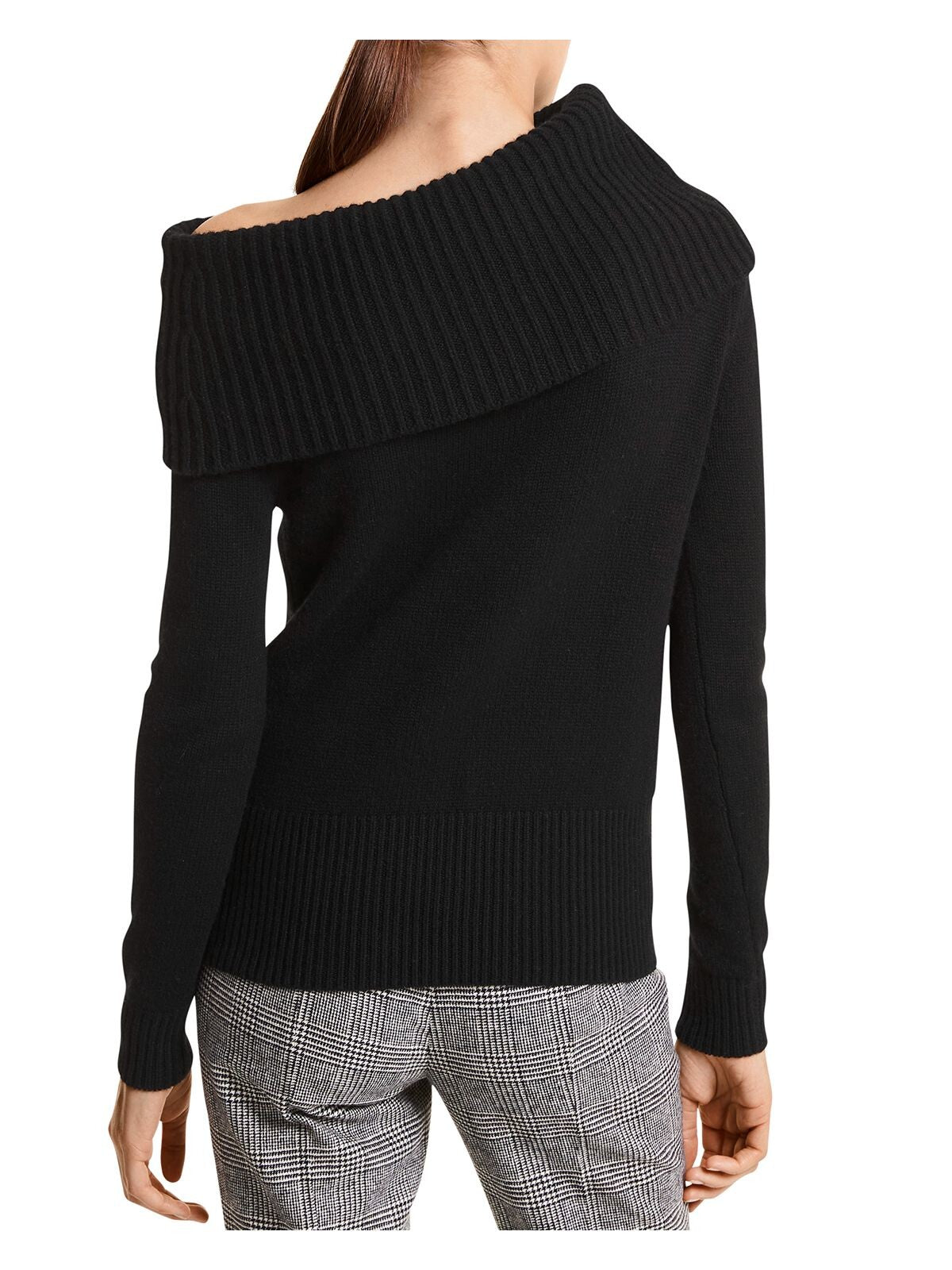 MICHAEL KORS Womens Black Ribbed Asymmetric Foldover Collar Long Sleeve Sweater M