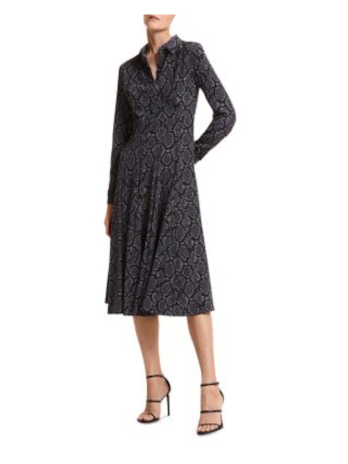 MICHAEL KORS Womens Gray Zippered Button Top Godet Skirt Cuffed Sleeve V Neck Knee Length Wear To Work Shift Dress 8
