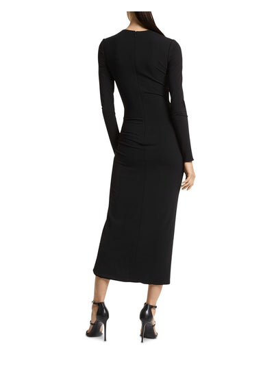 MICHAEL KORS Womens Black Zippered Pleated Slit Lined Draped Wrap Detail Long Sleeve Round Neck Midi Evening Sheath Dress 4