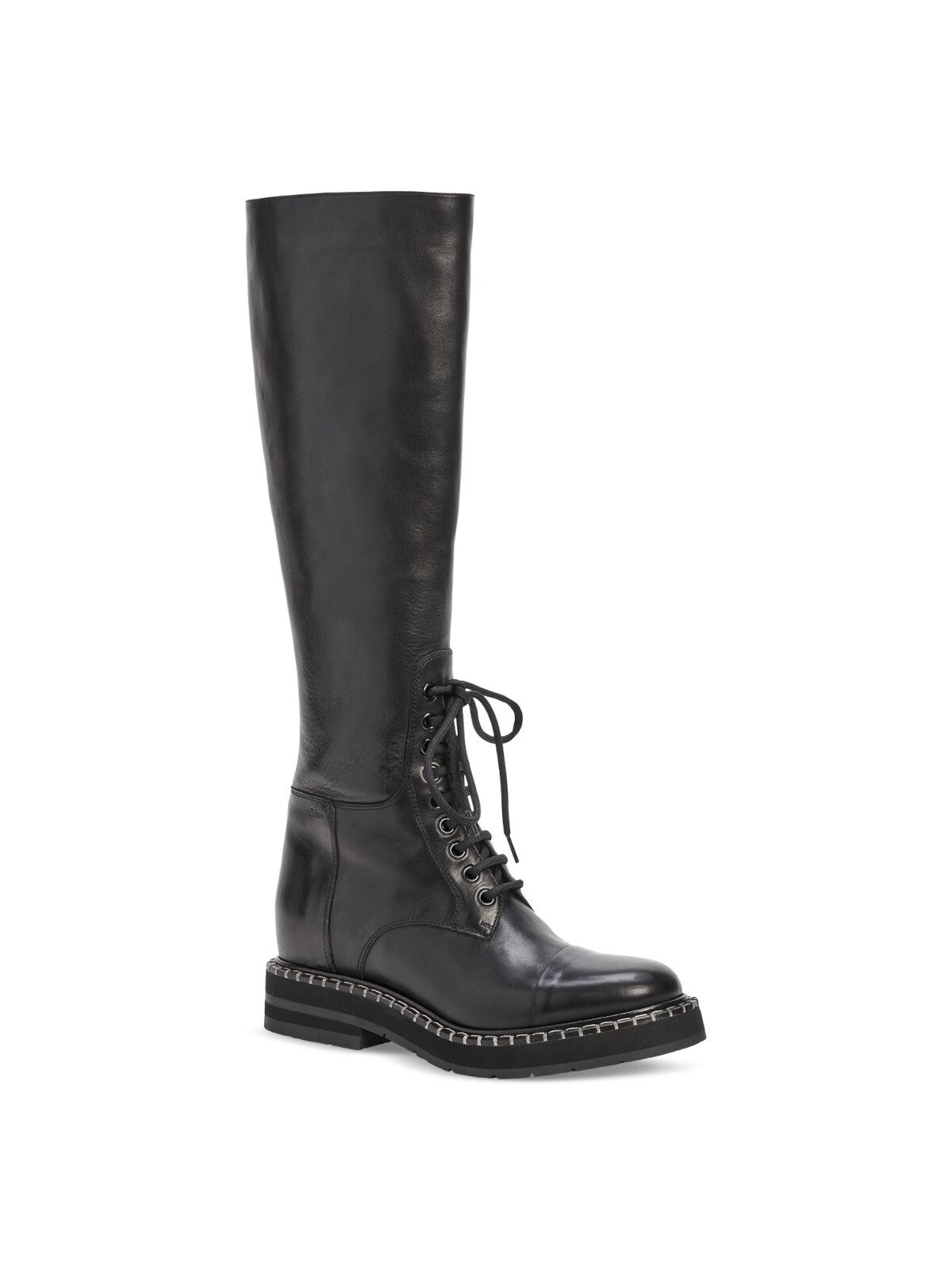 CHLOE Womens Black Lace Up Contrast Stitching Lug Sole Padded Noua Cap Toe Block Heel Zip-Up Leather Boots Shoes 38.5