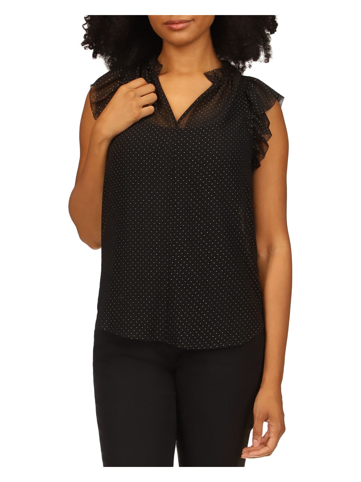 MICHAEL MICHAEL KORS Womens Black Ruffled Sheer Dewdrop Lined Hook And Eye Polka Dot Short Sleeve Split Top M