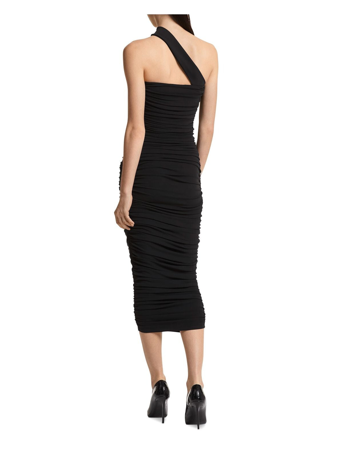 MICHAEL KORS Womens Black Stretch Ruched Pullover Sleeveless Asymmetrical Neckline Midi Cocktail Body Con Dress 8