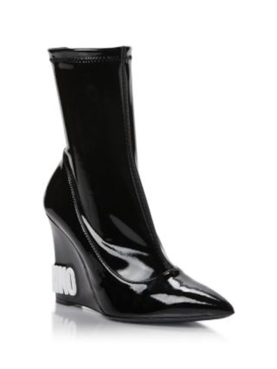 MOSCHINO Womens Black Contrast Logo On Heel Padded Pointed Toe Wedge Heeled Boots 37.5