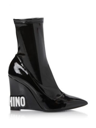 MOSCHINO Womens Black Contrast Logo On Heel Padded Pointed Toe Wedge Heeled Boots 37.5