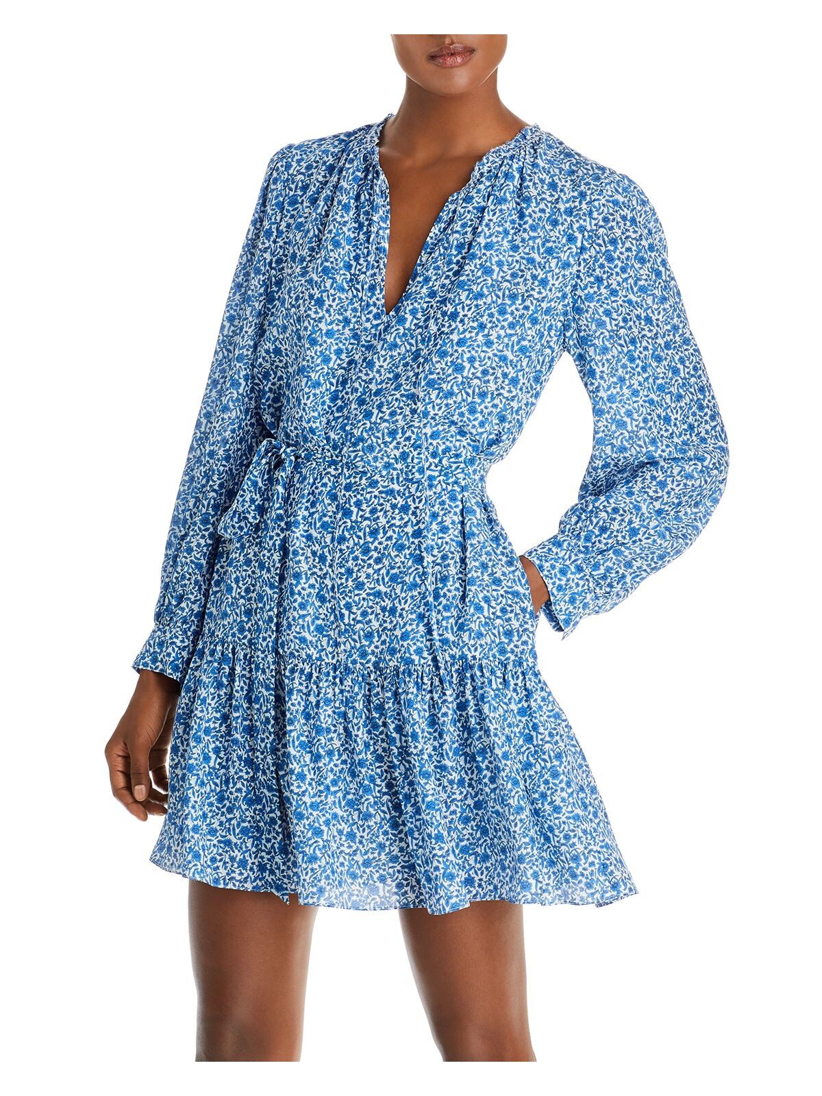 REBECCA TAYLOR Womens Blue Tie Lined Floral Long Sleeve V Neck Mini Ruffled Dress XS