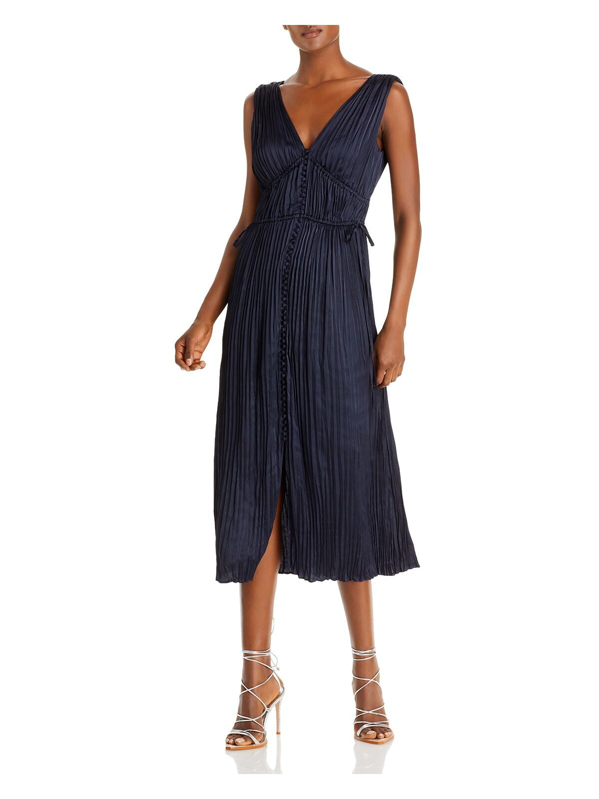 REBECCA TAYLOR Womens Navy Lined Tie Accordion Pleat Button Down Sleeveless V Neck Midi Evening Fit + Flare Dress XS
