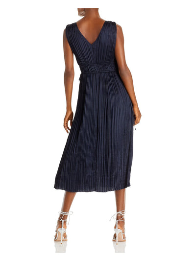 REBECCA TAYLOR Womens Navy Lined Tie Accordion Pleat Button Down Sleeveless V Neck Midi Evening Fit + Flare Dress XS