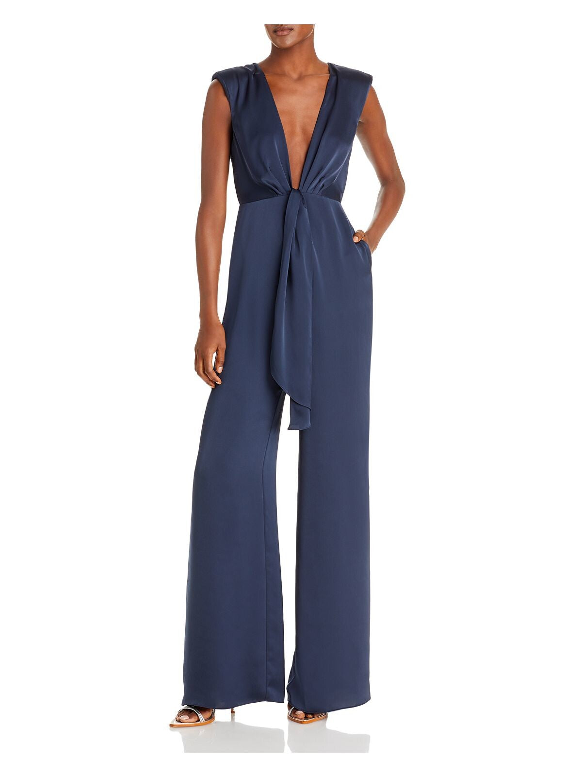 RAMY BROOK Womens Navy Zippered Pocketed Plunging Shoulder Pads Sleeveless V Neck Evening Wide Leg Jumpsuit 0