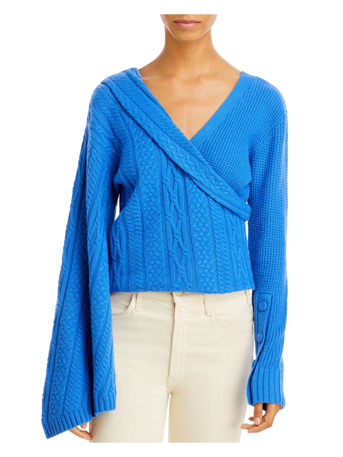 HELLESSY Womens Blue Ribbed Drop Shoulders V Back Crossover Long Sleeve V Neck Sweater S