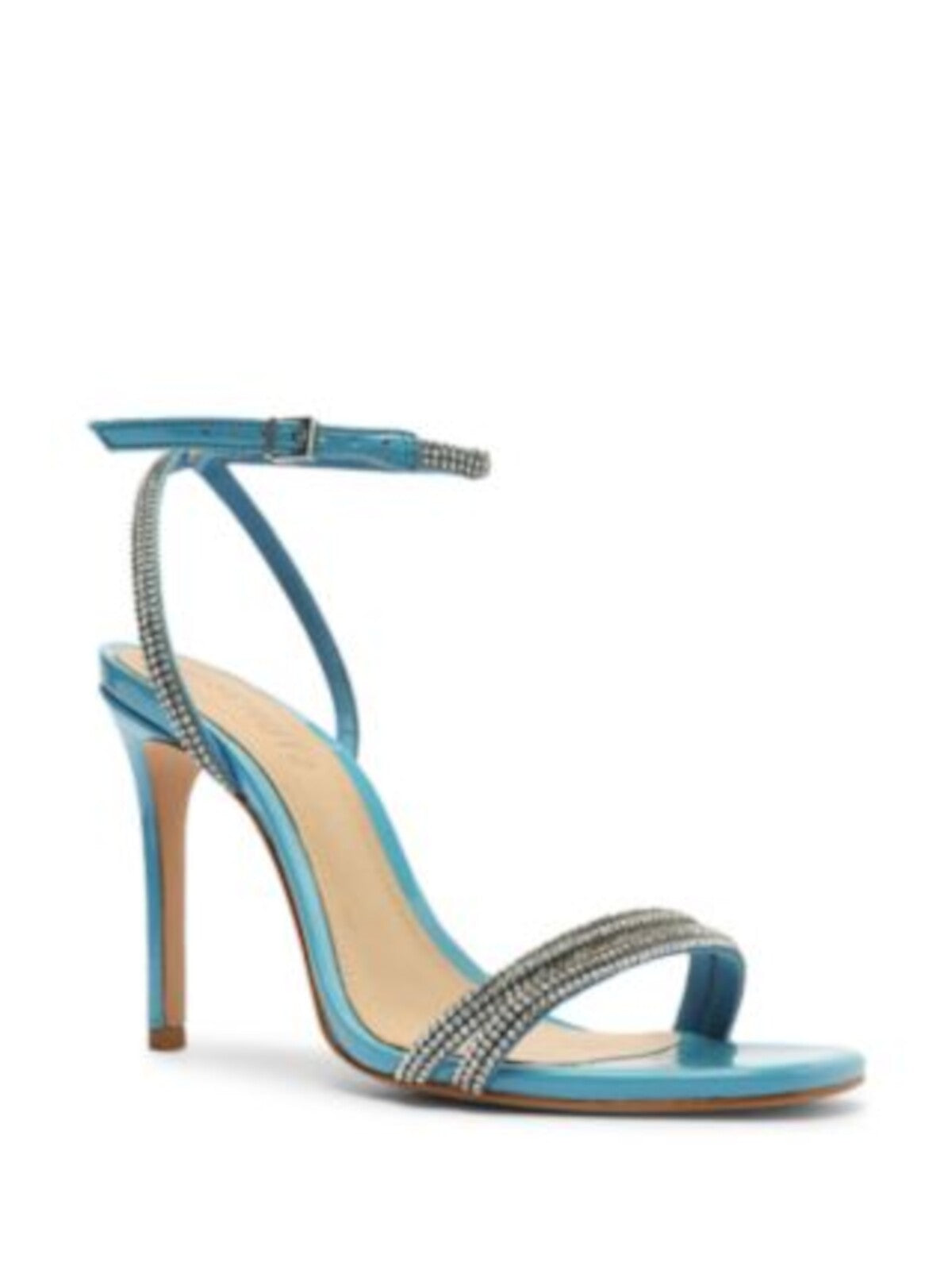 SCHUTZ Womens Blue Embellished Strappy Altina Round Toe Stiletto Buckle Leather Dress Heeled Sandal 9.5 B