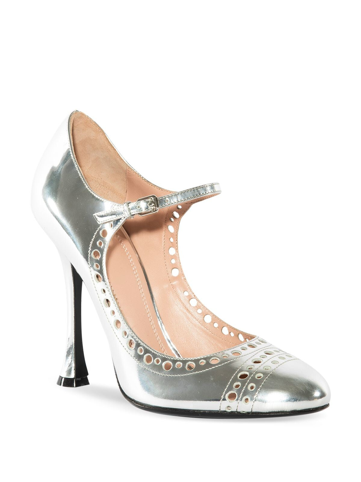 GIAMBATTISTA VALLI Womens Silver Mary Jane Metallic Perforated Padded Round Toe Stiletto Buckle Leather Pumps Shoes 37