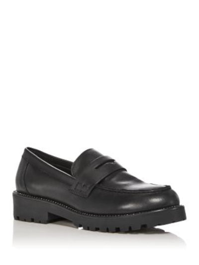 AQUA Womens Black Penny Keeper Studded Padded Derby Round Toe Block Heel Slip On Leather Loafers Shoes 6.5 M