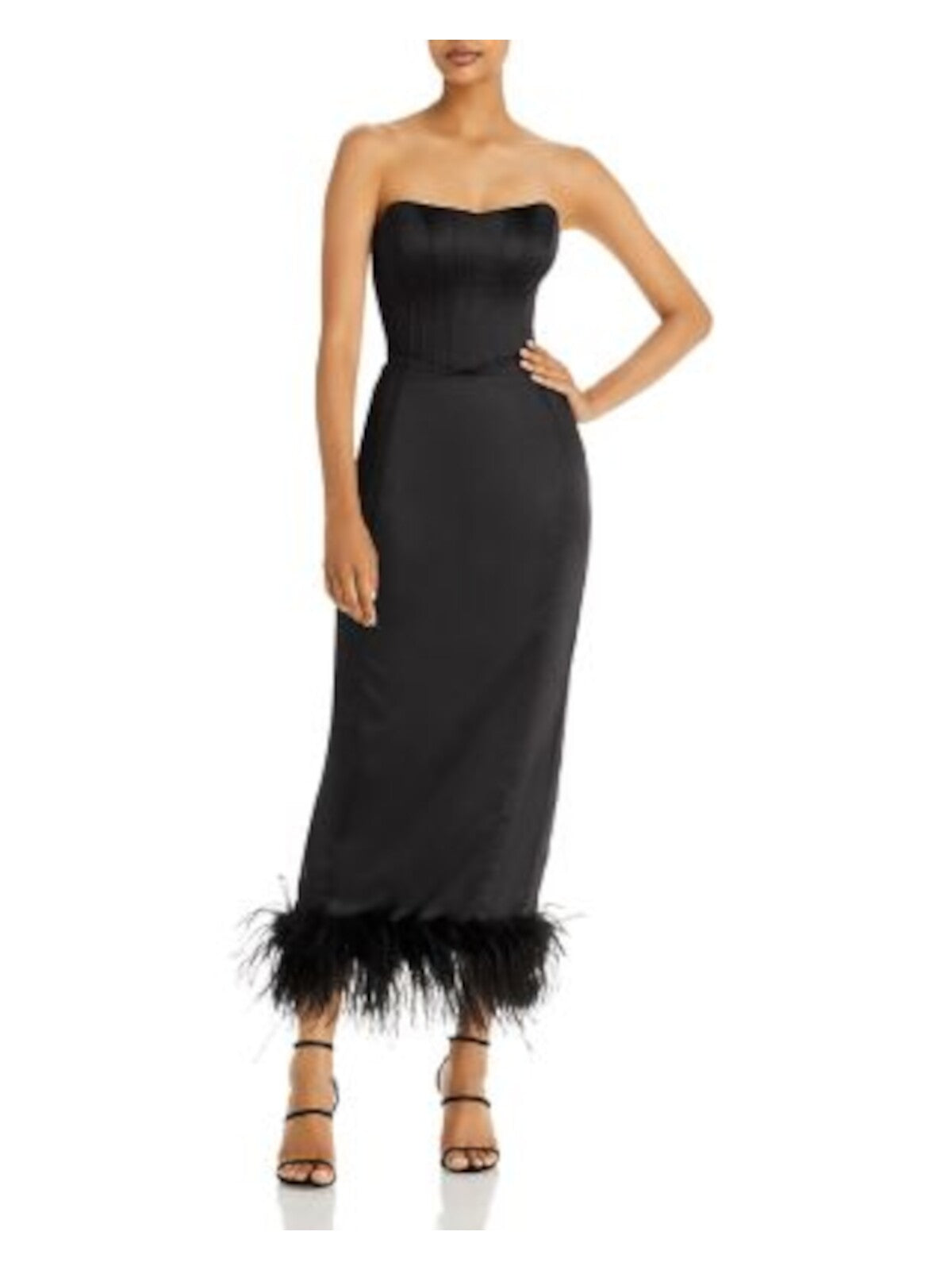 AQUA Womens Black Zippered Slitted Boned Bodice Feathered Hem Sleeveless Sweetheart Neckline Midi Party Sheath Dress S