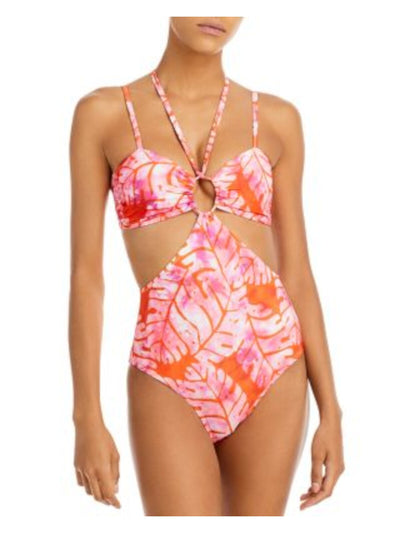 AQUA Women's Orange Cutout Full Coverage Studio 189 Batik Halter One Piece Swimsuit S