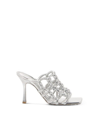 BOTTEGA VENETA Womens Silver Knotted Square Toe Stiletto Slip On Leather Dress Heeled Sandal 39.5