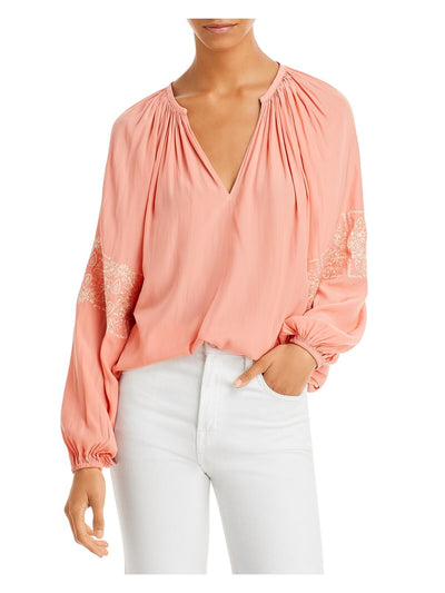 RAMY BROOK Womens Gathered Long Sleeve Pullover V Neck Keyhole Top