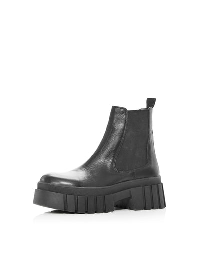 AQUA Womens Black 2" Platform Padded Back Pull-Tab Lug Sole Goring Bonds Round Toe Block Heel Leather Chelsea 6 M