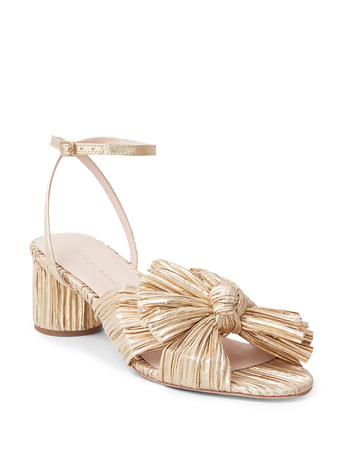 LOEFFLER RANDALL Womens Gold Metallic Crinkle Knotted Ankle Strap Padded Dahlia Open Toe Block Heel Buckle Dress Heeled Sandal 5