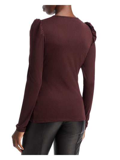 REBECCA TAYLOR Womens Brown Ruched Pullover Slim Fit Pouf Sleeve Crew Neck Top XS