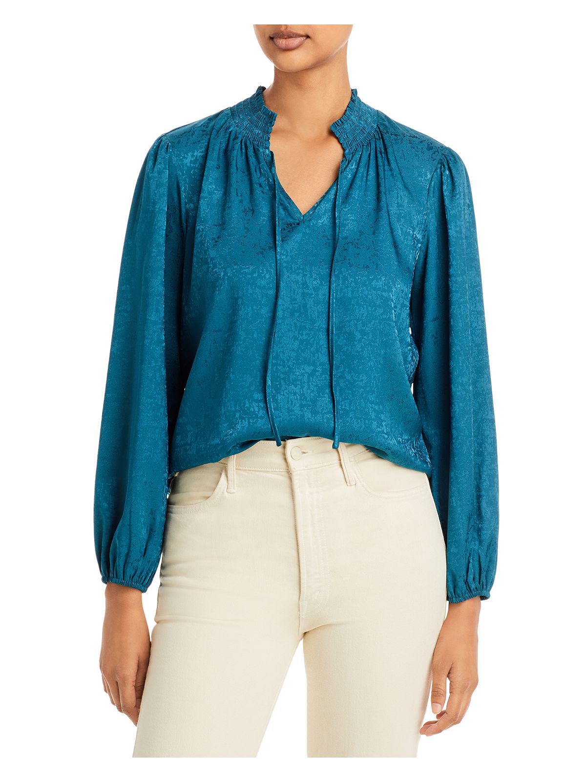 CHENAULT Womens Teal Pouf Sleeve V Neck Wear To Work Blouse S