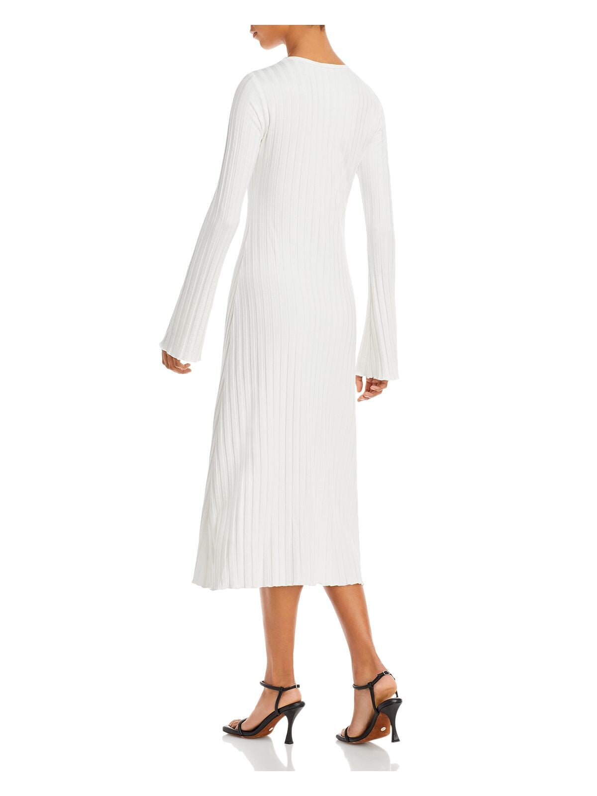 SIMON MILLER Womens White Ribbed Lettuce Trim Drop Shoulders Long Sleeve Round Neck Midi Wear To Work Fit + Flare Dress XXS